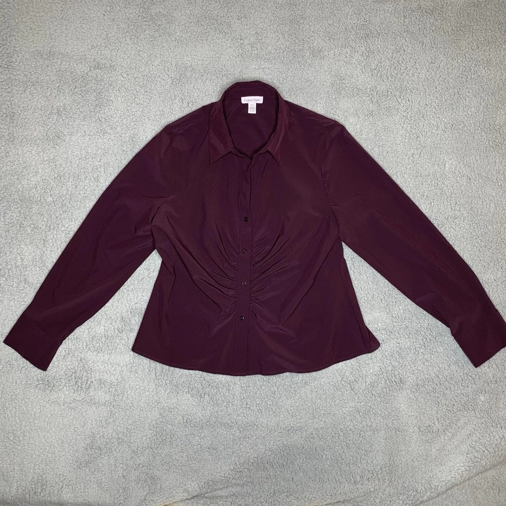 Calvin Klein L Women Purple Long Sleeve Button Up Collared Shirt Ruched Gem Tone